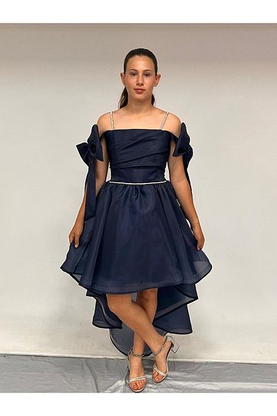 BUTİKHAPPYKİDS Girls' Evening Dress Baby Navy Blue Chiffon Sleeves Low Bow Detailed Tailed Evening Dress 10-15 Years