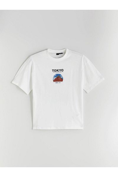 LC Waikiki Ecru Crew Neck Tokyo Printed Young Men's T-Shirt