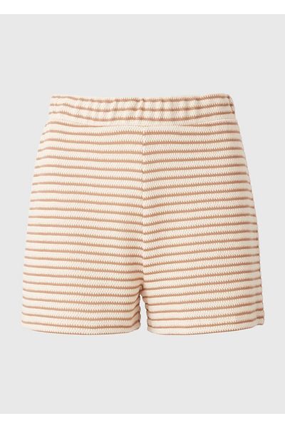 Kübra Tekstil Pantaloni scurți de vară pentru femei, bej, alb, cu dungi, cu talie înaltă