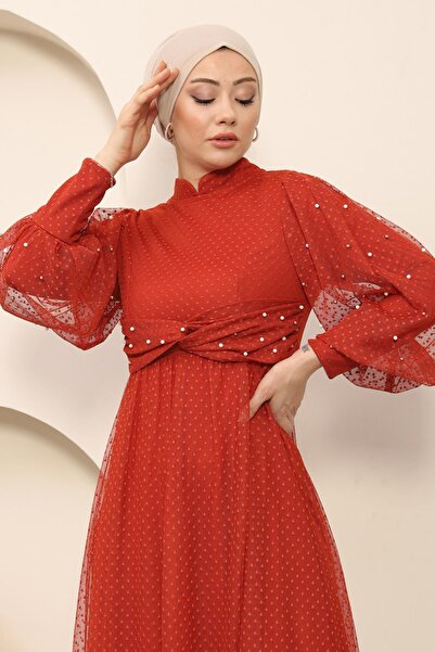 Missvalle Pearl Detailed Tulle Evening Dress Tile Msw12238