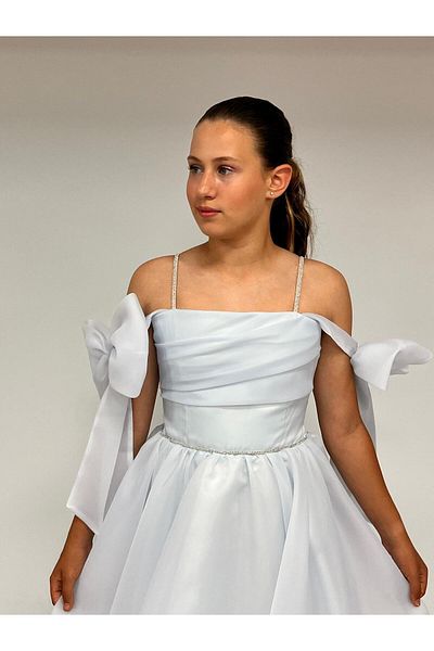 BUTİKHAPPYKİDS Girls' Evening Dress Baby Blue Chiffon Ribbon Stone Strap Sleeves Low Bow Detail Short Evening Dress 10-1