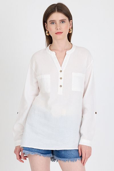 Rays White 100% Cotton Linen Look Judge Collar Tunic Shirt 4698A