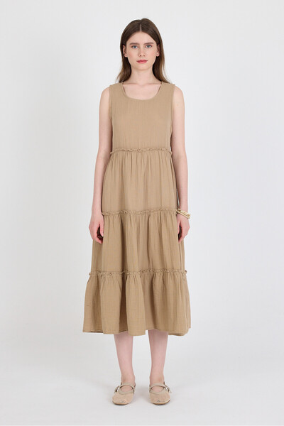 Rays Mink Linen Look 100% Cotton Ruffle Detailed Sleeveless Midi Dress 4738A