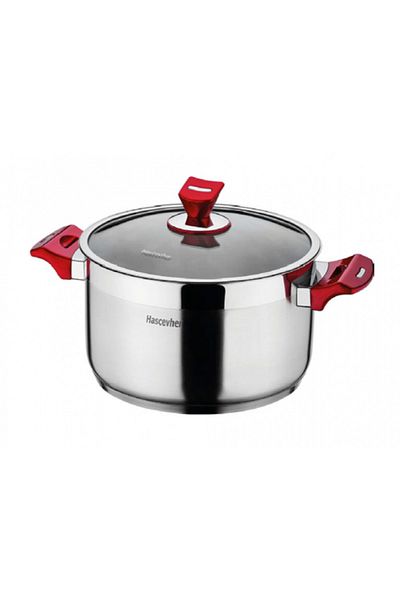 Hascevher Stainless steel pot with glass lid and red handles HASCEVHER YAPRAK 22xh12cm, 4.5l
