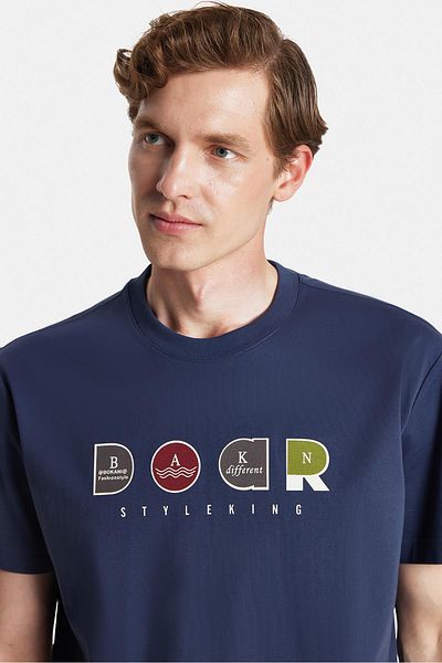 Tudors Relax Fit Relaxed Cut Cotton Front Print Detailed Crew Neck Navy Blue Men's T-Shirt