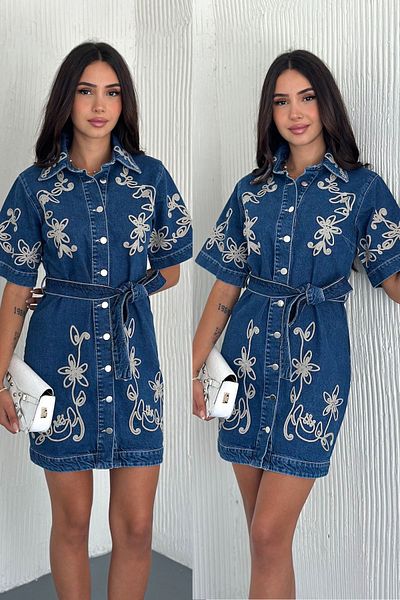 FEMELLE Rochie de blugi din denim brodat cu centură albastră pentru femei