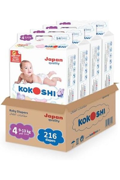 Kokoshi Premium Baby Diapers, Size 4 for babies 9-13kg x 216pcs, Eco-friendly and Hypoallergenic Nap