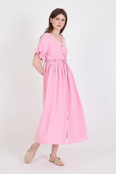 Rays Rochie roz 100% bumbac cu mâneci cu volan, cu nasturi, 4781A