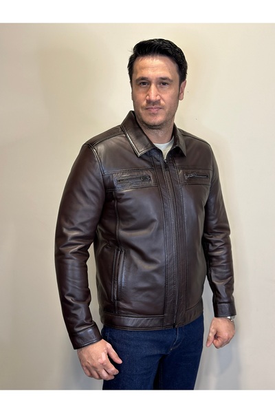 Antilop Deri H-109 Hakiki Deri Kahverengi Deri Mont Fermuar Detaylı Deri Ceket