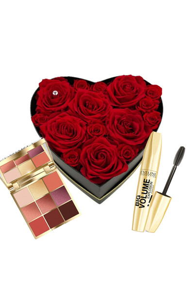GIFT Κόκκινο κουτί My Heart με 15 κρυογονικά τριαντάφυλλα + παλέτα μακιγιάζ + μάσκαρα Eveline για μεγάλο όγκο