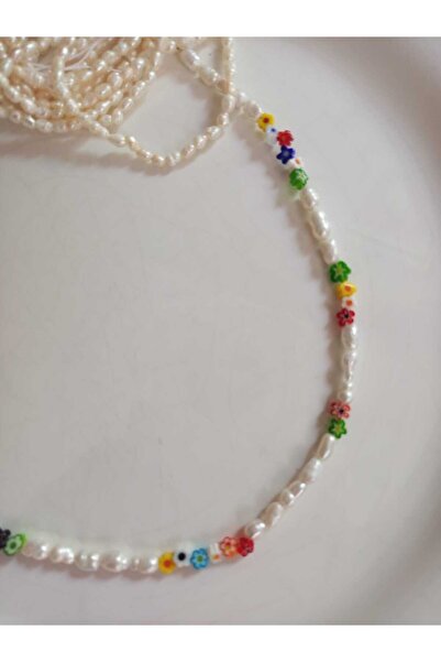 Mudita Tasarım 3/4 mm gerçek doğal tatlı su arpa inci , cam murano yaz çicekleri tasarım kolye