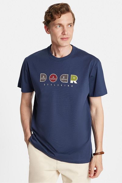 Tudors Relax Fit Relaxed Cut Cotton Front Print Detailed Crew Neck Navy Blue Men's T-Shirt