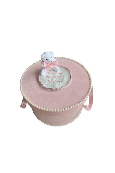 Botez Baptism chest – powder pink velvet with teddy bear, 31x19 cm