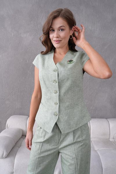 nodilife Women's Suit with Brooch Linen Vest Green