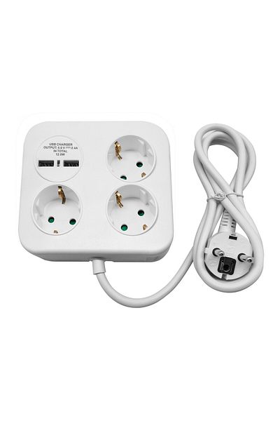 Virone Square extension cord with 3 sockets and 2 x USB-A, 3 x 1.5 mm2, 1.4 m, white