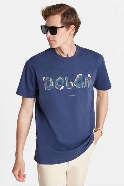 Tudors Relax Fit Relaxed Fit Cotton Front Print and Embroidery Detail Crew Neck Indigo Men's T-Shirt