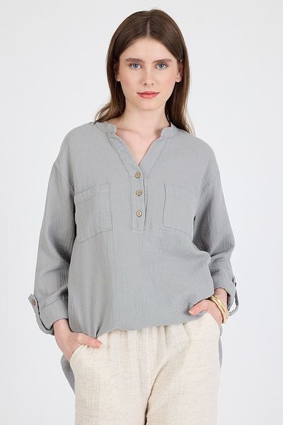 Rays Gray 100% Cotton Linen Look Judge Collar Tunic Shirt 4698A