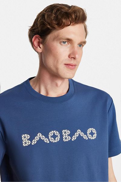 Tudors Relax Fit Relaxed Fit Cotton Front and Back Print Detail Crew Neck Indigo Men's T-Shirt