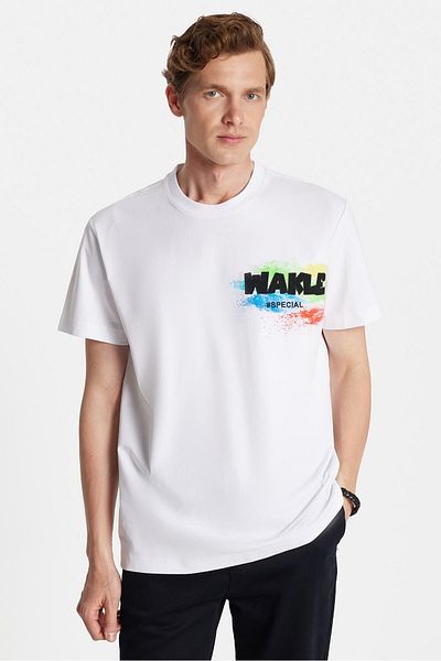 Tudors Relax Fit Relaxed Fit Cotton Front and Back Print and Embroidery Detail Crew Neck White Men's T-Shirt