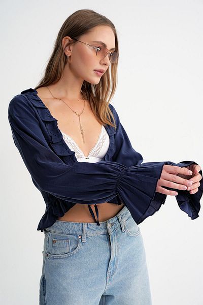 Mixray 4712 Women's Flounced Modal Bolero Blouse Navy Blue
