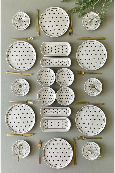 VENÜS HOME DECORATION Black Heart Patterned Breakfast Set for 6 People, 20 Pieces
