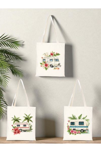 lili hediyelik Flower and Caravan Printed Cloth Bag 3-Piece Shoulder Bag - Birthday Gift for Women Gift Product