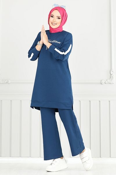 ModaMerve Text Printed Hijab Suit 4107Pm1063-M Indigo