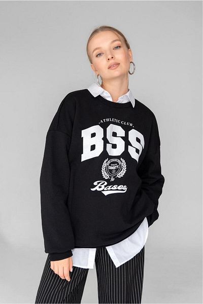 bases. Crew Neck Printed Oversize Sweatshirt with Fleece Inside