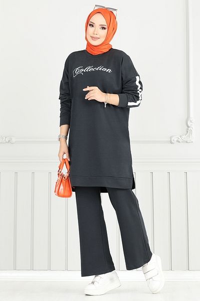 ModaMerve Text Printed Hijab Suit 4107Pm1063-M Anthracite