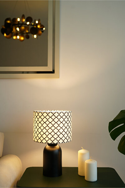 resinglight Siyah Ayaklı Özel Baskı Kumaş Şapkalı Şık Yatak Odası Salon Abaju...