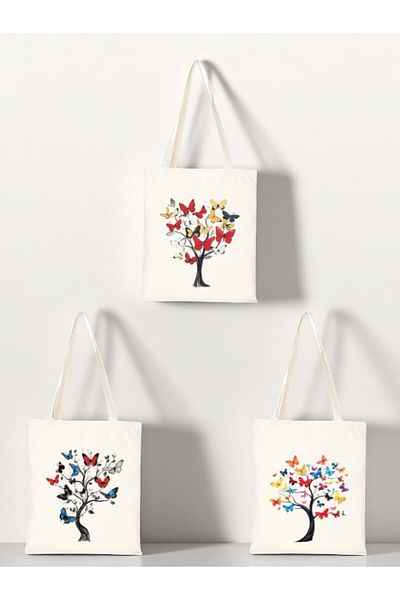 lili hediyelik Butterfly Tree Printed Cloth Bag 3-Piece Shoulder Bag - Large Cloth Bag