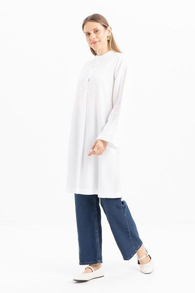 ALLDAY White-Half Placket Tie-Up Linen Tunic