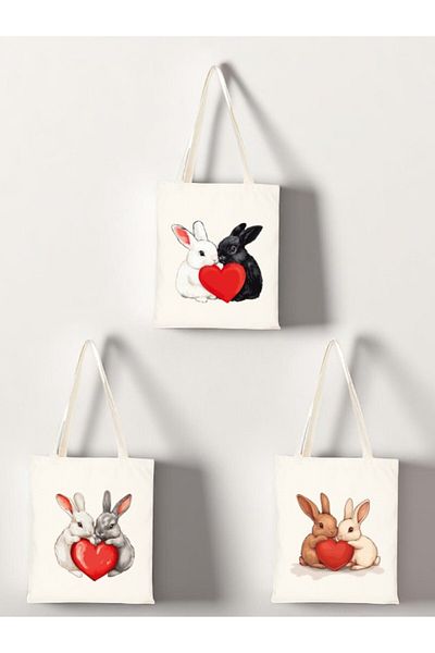 lili hediyelik Rabbit and Heart Printed Cloth Bag 3-Piece Shoulder Bag - Gift for Women Lover