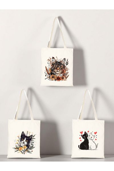 lili hediyelik Cat and Flower Printed Cloth Bag 3-Piece Shoulder Bag - Birthday Gift for Girl
