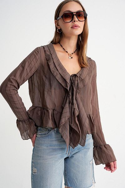 Mixray 4710 Women's Flounced Transparent Bolero Blouse Brown