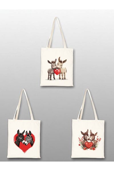 lili hediyelik Heart and Donkey Printed Cloth Bag 3-Piece Shoulder Bag - Shoulder Bag Women