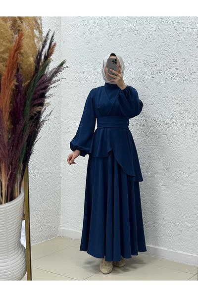 MİHRA STORE Tirona Skirt Detailed Crepe Dress-Pa9646 Navy Blue