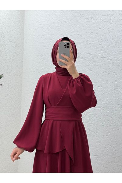 MİHRA STORE Tirona Skirt Detailed Crepe Dress-Pa9646 Burgundy