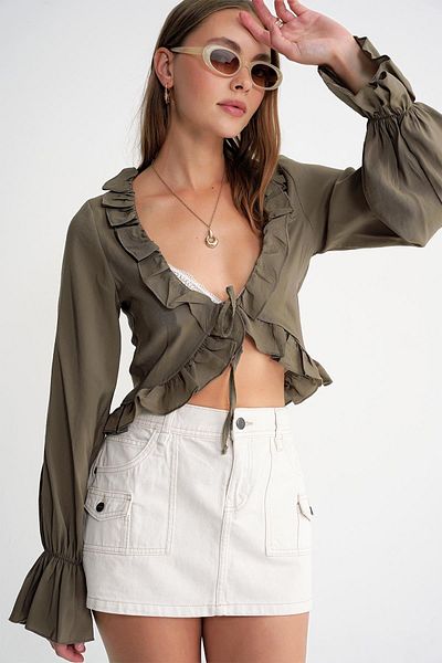 Mixray 4712 Women's Flounced Modal Bolero Blouse Khaki
