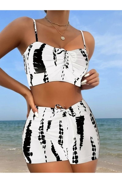 ASM BUTİK Women's Gather Detailed Strappy Crop Mini Tights Double Set