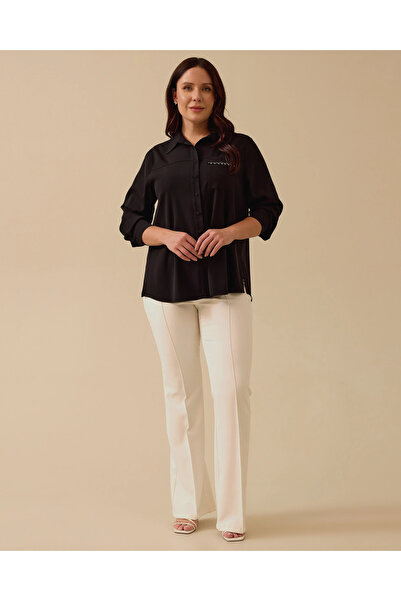 Genel Markalar Büyük Beden Taş Detaylı Düğmeli Gömlek
