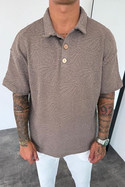 MADZEYMODA Мъжка ежедневна плетена тениска с яка от кафяво KE-7017
