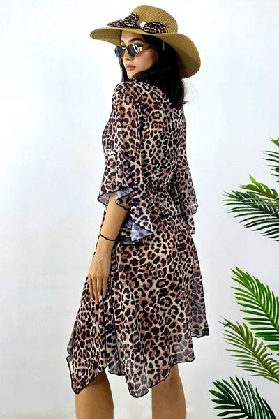 FashionForYou Set de plajă NaLLa-LYVA din trei piese, cardigan și costum de baie cu șnururi, imprimeu animal, 36