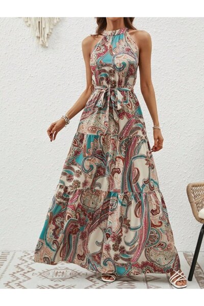 Modayakamoz New Season Women's Halter Neckline Off-The-Shoulder Belted Maxi Length Patterned Single Jersey Dress