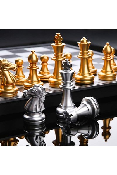 rexa Chess Set with Folding Chess Board Gold and Silver Pieces Storage Convenient