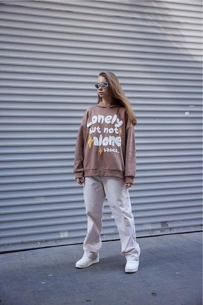 bases. Women's Back Puff Printed Oversize Hooded Sweatshirt with Fleece Inside