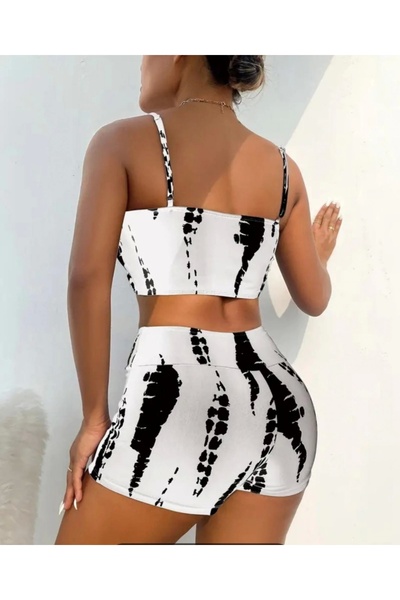 ASM BUTİK Women's Gather Detailed Strappy Crop Mini Tights Double Set