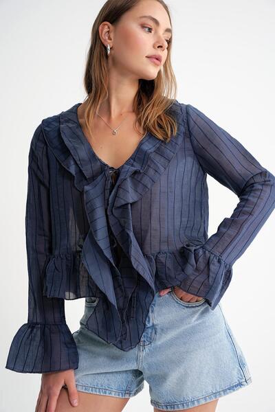 Mixray 4710 Жіноча прозора блуза-болеро з воланами, темно-синя