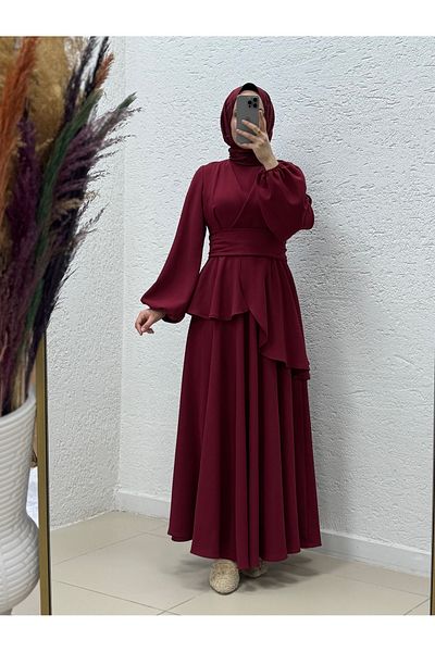 MİHRA STORE Tirona Skirt Detailed Crepe Dress-Pa9646 Burgundy