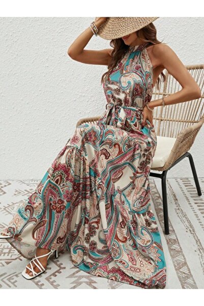 Modayakamoz New Season Women's Halter Neckline Off-The-Shoulder Belted Maxi Length Patterned Single Jersey Dress